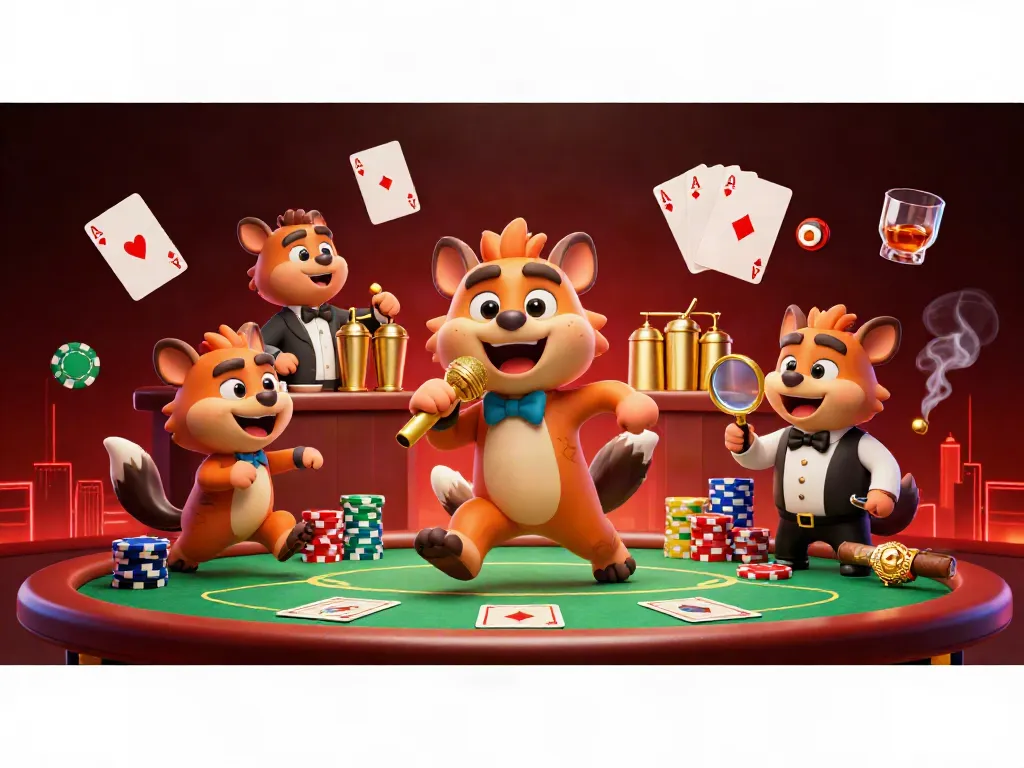 Hyenas at a comedy casino club celebrating Lucky88 with poker chips, drinks, and fun entertainment.