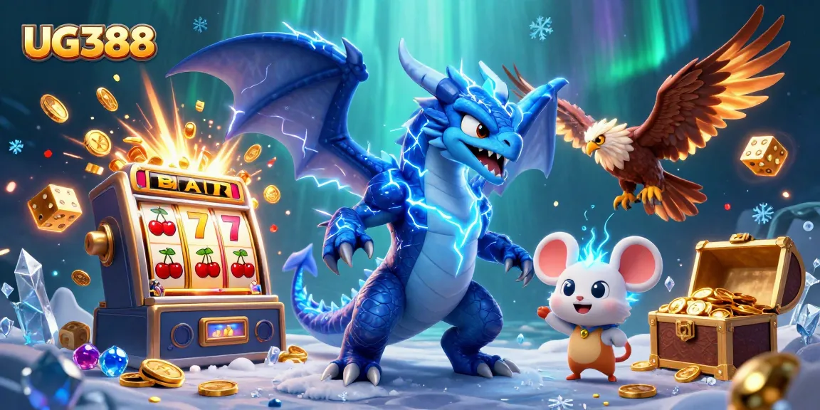 Experience exciting gameplay at UG388 with stunning visuals of a jackpot explosion, vibrant characters, and casino elements.