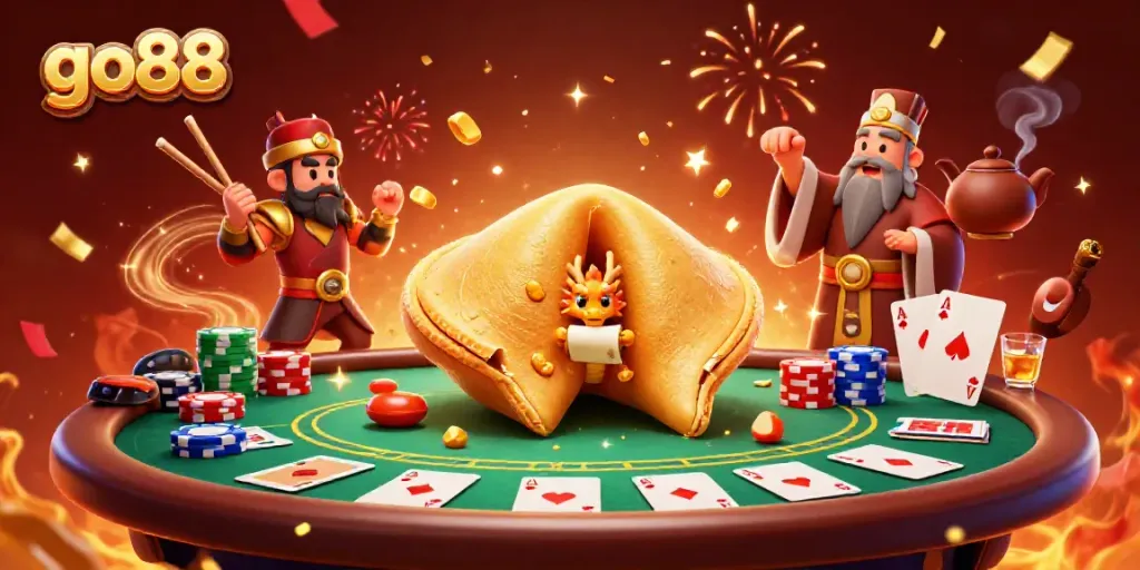 Experience the thrilling go88 fortune with a dynamic scene including poker chips, a wise dragon, and gold character interactions.