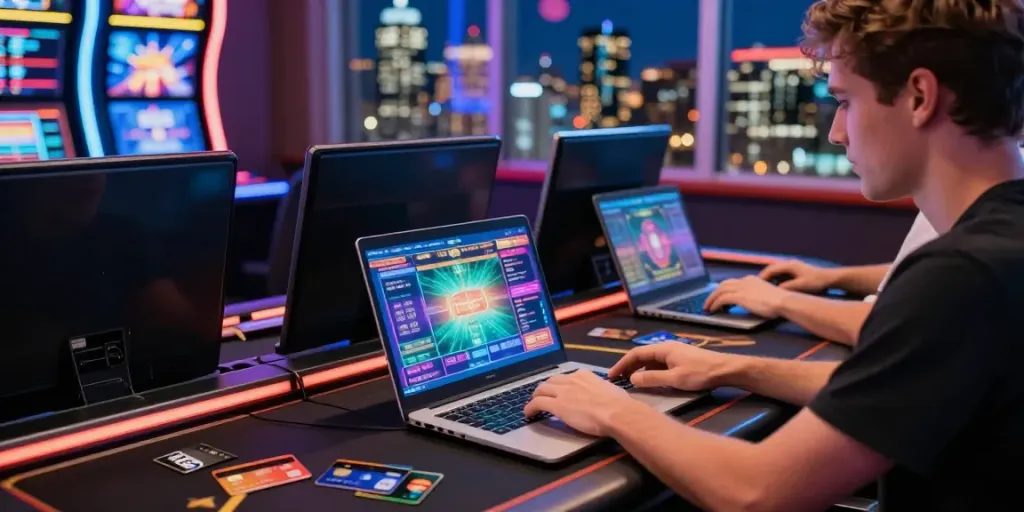 Dynamic scene of online casinos that accept credit cards with a player gaming at a modern desk illuminated by city lights.