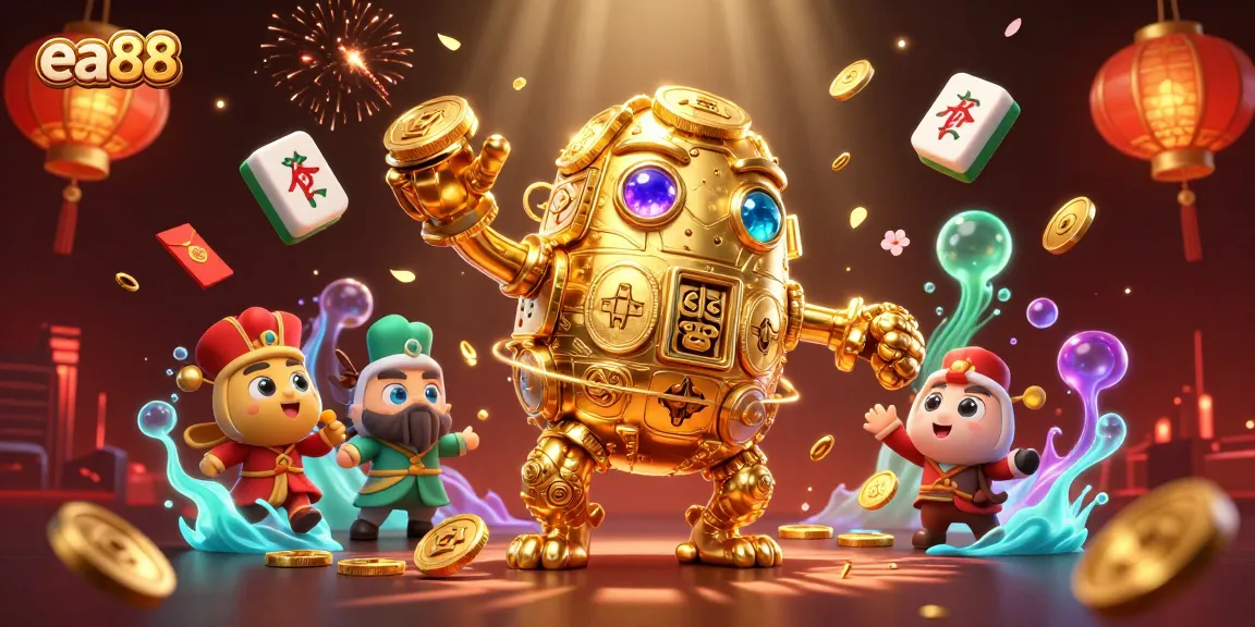Experience thrilling gameplay with ea88’s golden golem surrounded by vibrant casino symbols and festive elements.