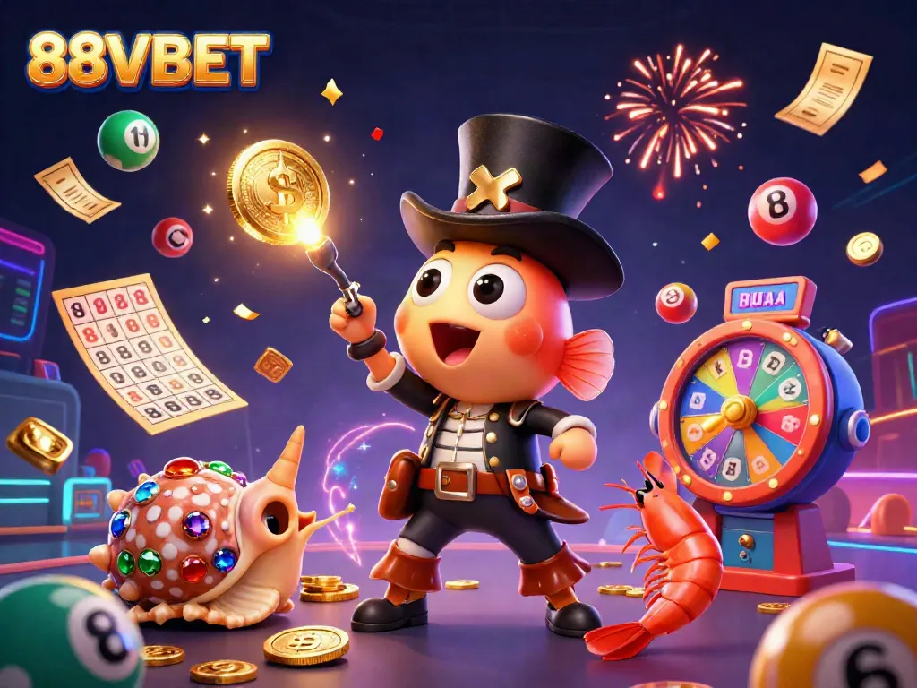 Experience the excitement at 88VBET with cartoon characters in a vibrant casino-themed scene filled with luck.