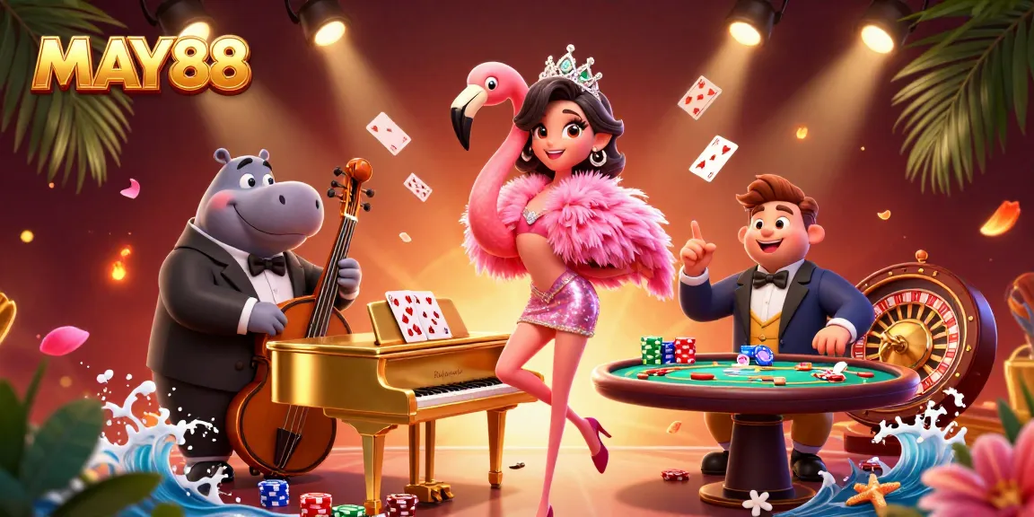 Engage in thrilling casino action with MAY88, featuring vibrant cards, lively characters, and immersive environments.