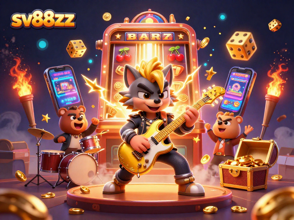 Experience the excitement of sv88zz with cartoon wolf rock star and lively casino elements like slots, dice, and dazzling lights.