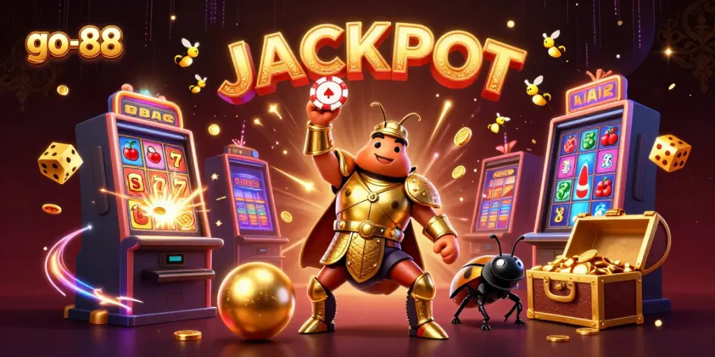 Experience the excitement of go-88 with a victorious beetle character celebrating a jackpot amidst rich casino elements.