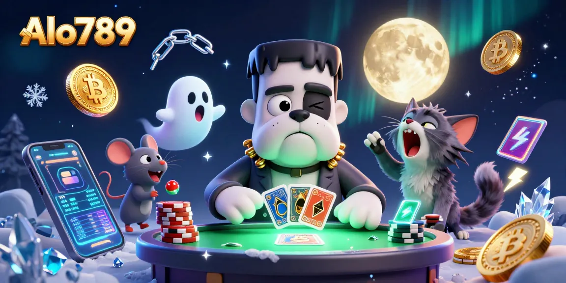 Alo789 showcases an exciting 3D scene of a bulldog dealer in a spooky casino atmosphere