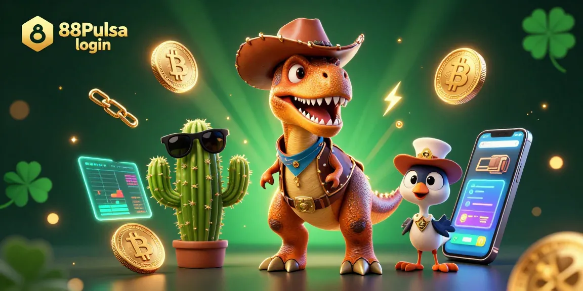 Engage with the vibrant scene showcasing 88Pulsa login surrounded by colorful crypto coins and casino elements.