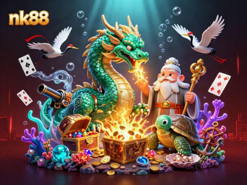 Experience the thrill of nk88 with a dragon, turtle sage, and lucky cranes in this vibrant casino scene.