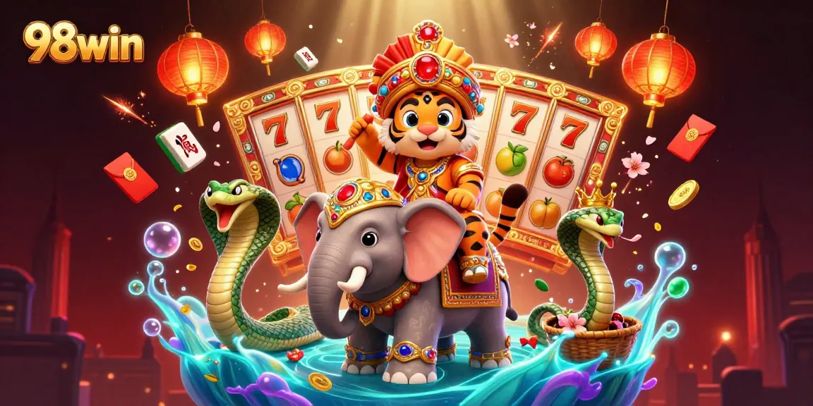 Engage in thrilling gameplay with 98win's vibrant casino experience featuring dynamic slots and lively decorations.