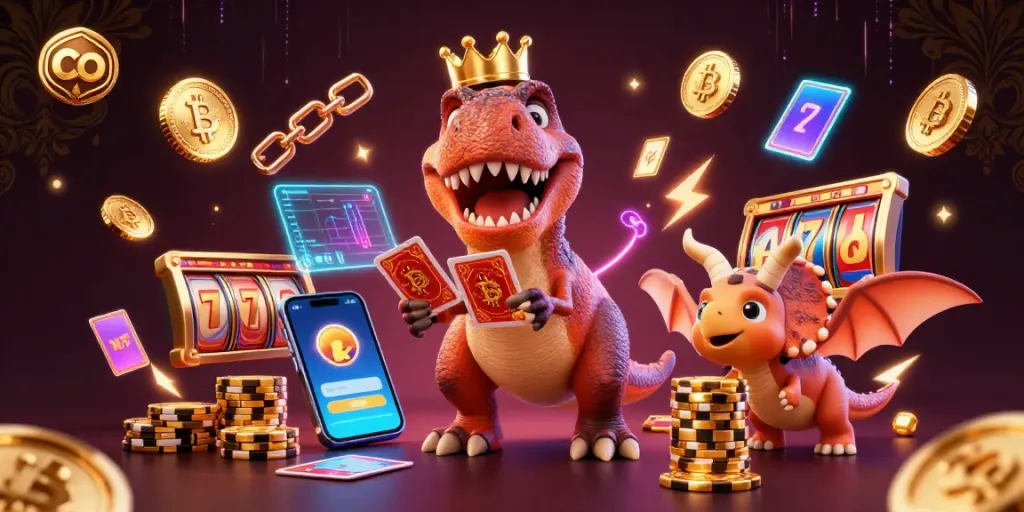 Spin the reels with friendly dinosaurs in co, featuring vibrant colors and dynamic casino elements.