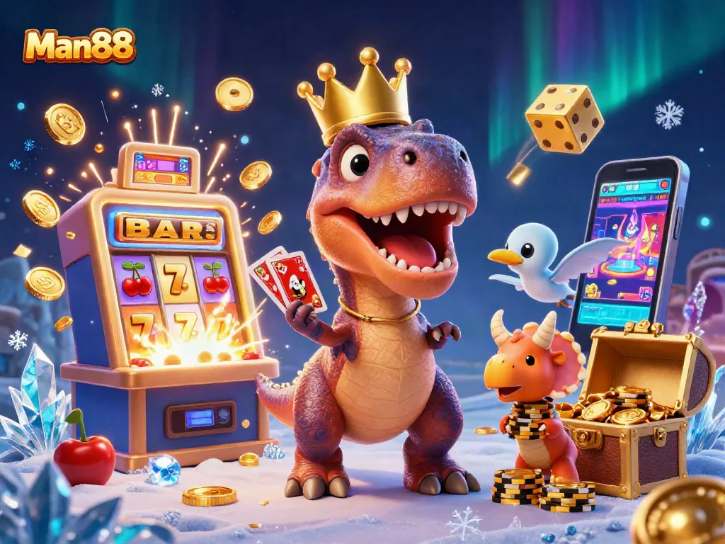Experience the thrill of Man88 with an exciting 3D casino scene featuring cartoon characters engaging in gaming actions.
