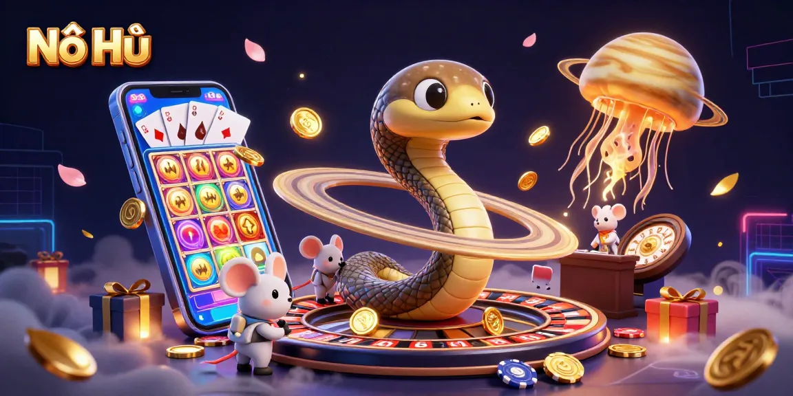 Nổ Hũ games with a vibrant cosmic scene featuring a Saturn ring snake, astronaut mice betting, and golden jellyfish dealers