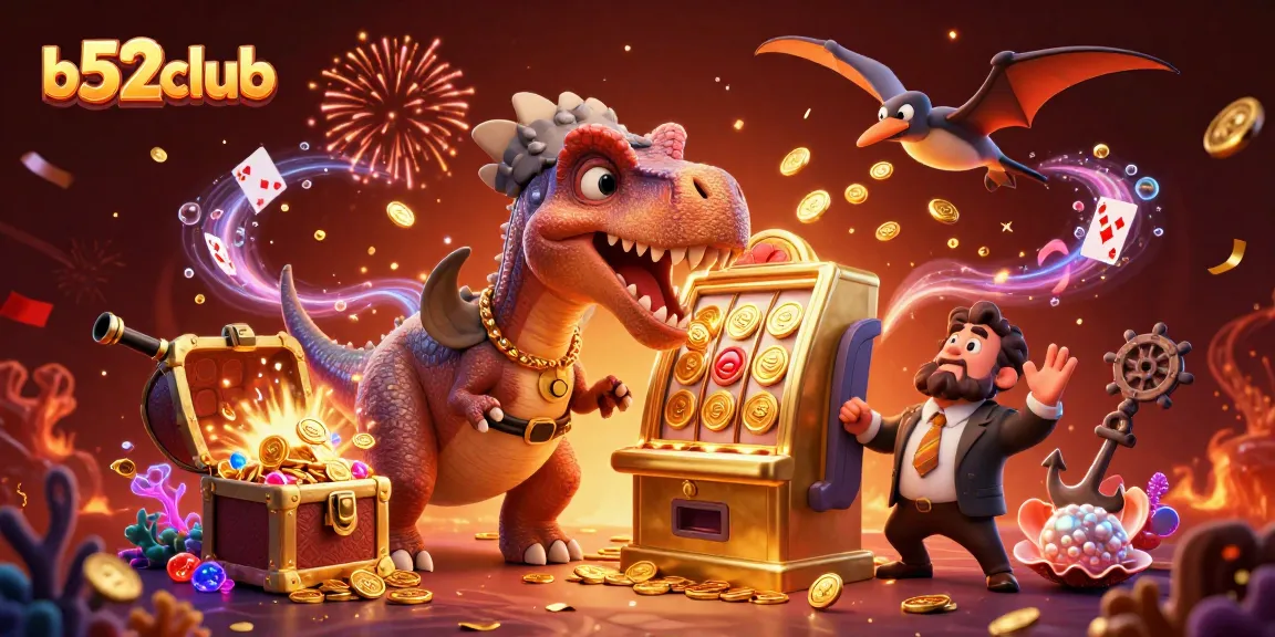 Experience b52club's exciting jackpot wins with a dino-themed casino adventure illustration.