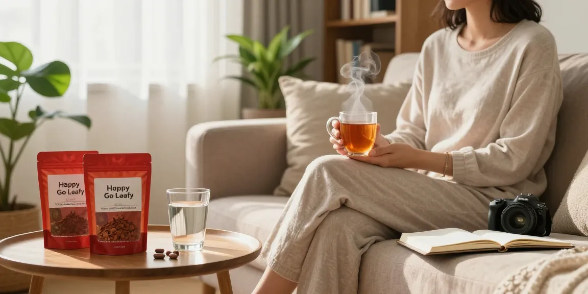 Relaxed person enjoying Happy Go Leafy red bali kratom tea in a cozy, sunlit living room with wellness decor.