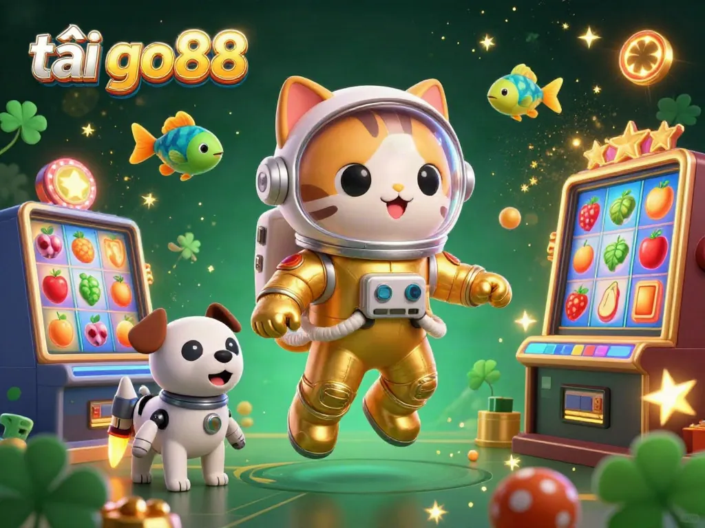 Tải go88 app play with 3D astronaut cat in a golden suit and casino symbols.