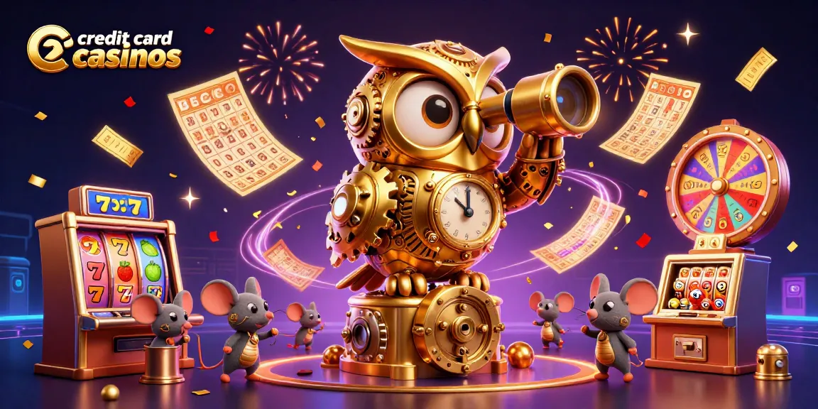 Engage with credit card casinos in this vibrant 3D casino scene filled with lively slot machines and characters.