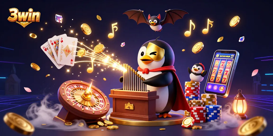 3win's captivating scene showcasing a penguin playing an organ that releases coins and gems in vibrant 3D casino illustration