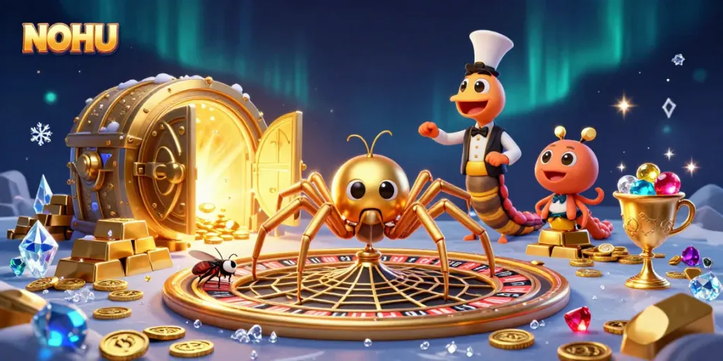 Immerse in NOHU's thrilling roulette scene featuring a golden spider and fly, capturing the essence of casino excitement.