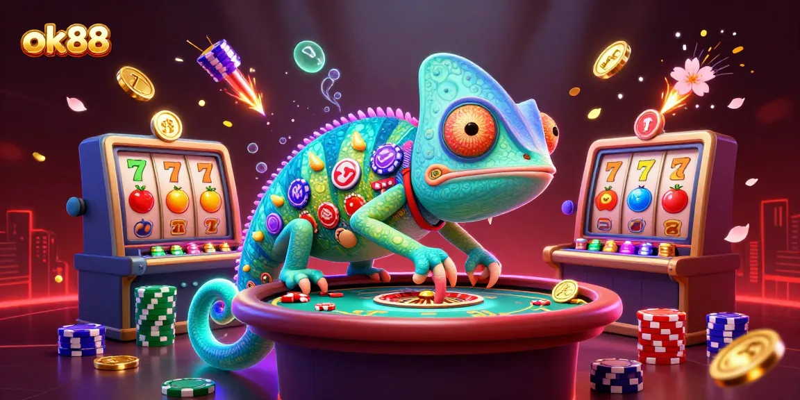 Experience thrilling wins with ok88 as vibrant chameleon casino owner captures golden coins.