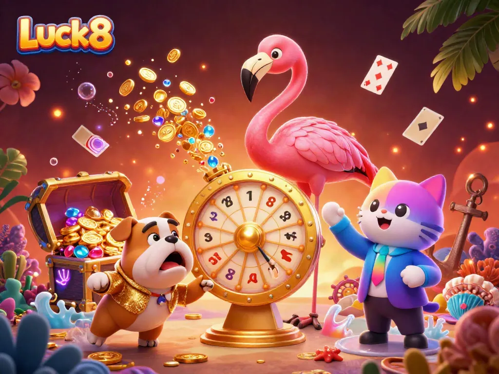 Luck8 showcases a vibrant scene with a game show host flamingo, bulldog contestant, and scoreboard cat, in a lively casino-style setting.