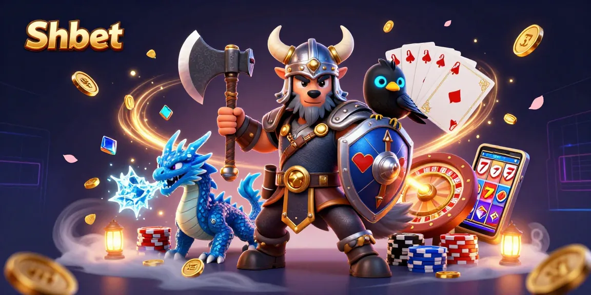 Engage with Shbet's vibrant gaming adventure featuring a Viking warrior, dragon, and money.