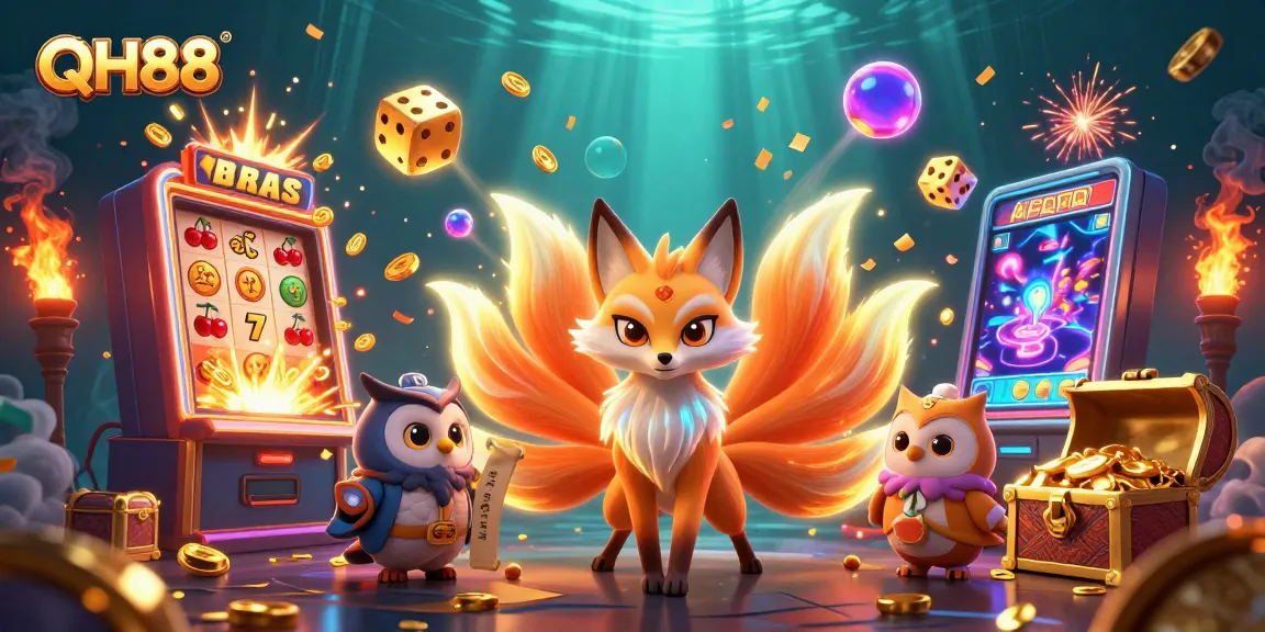 Experience the vibrant world of QH88 casino gaming with this dynamic illustration showcasing a nine-tailed fox amid bursting jackpots and colorful game elements.