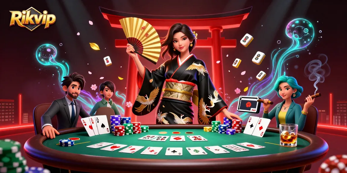 Engage with the thrilling world of Rikvip through a captivating casino scene featuring dynamic poker elements.