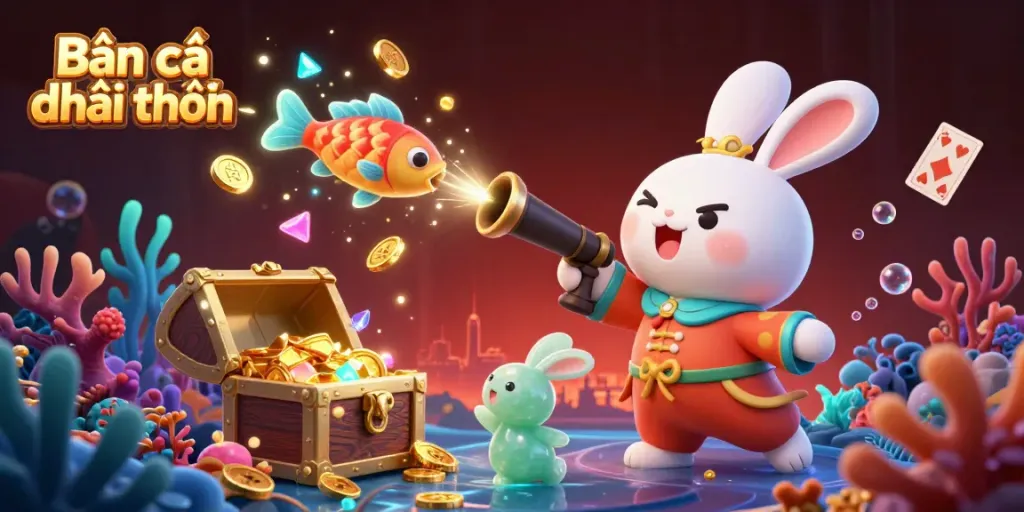 Embark on an exciting Bắn cá đổi thưởng adventure as the moon rabbit shoots for treasure in this vibrant underwater scene.