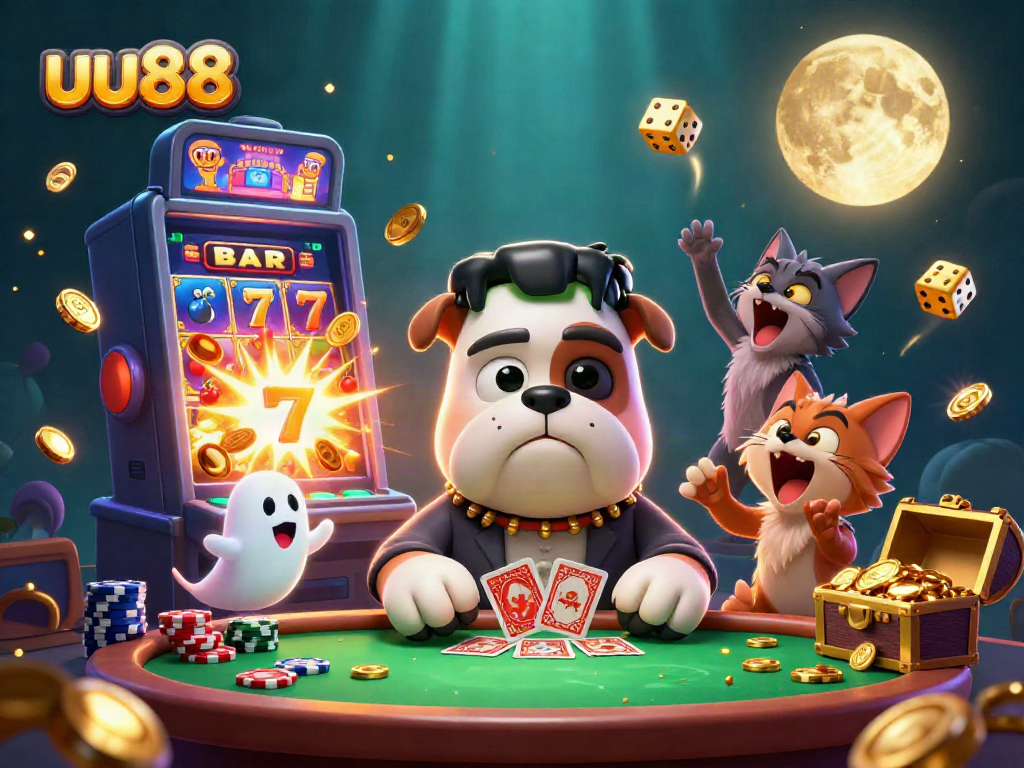 Experience thrilling gameplay at uu88 with a vibrant 3D casino scene featuring monsters and jackpots.