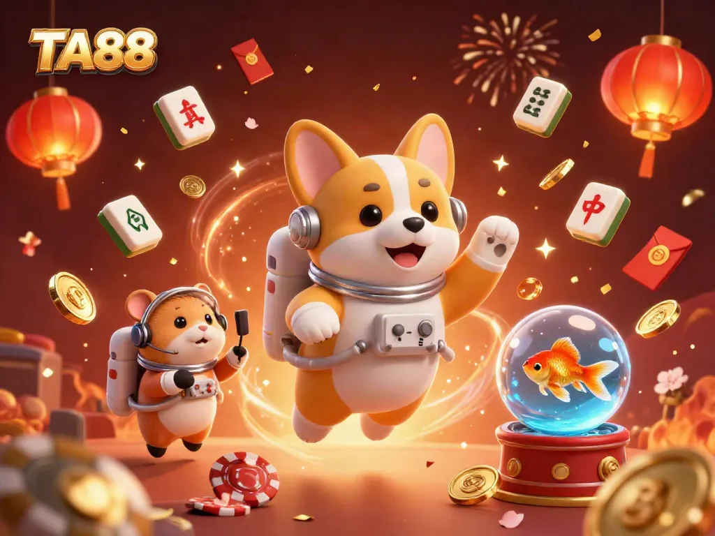 Experience the thrill of gaming with TA88 in a lively animated casino scene featuring floating poker chips and characters.