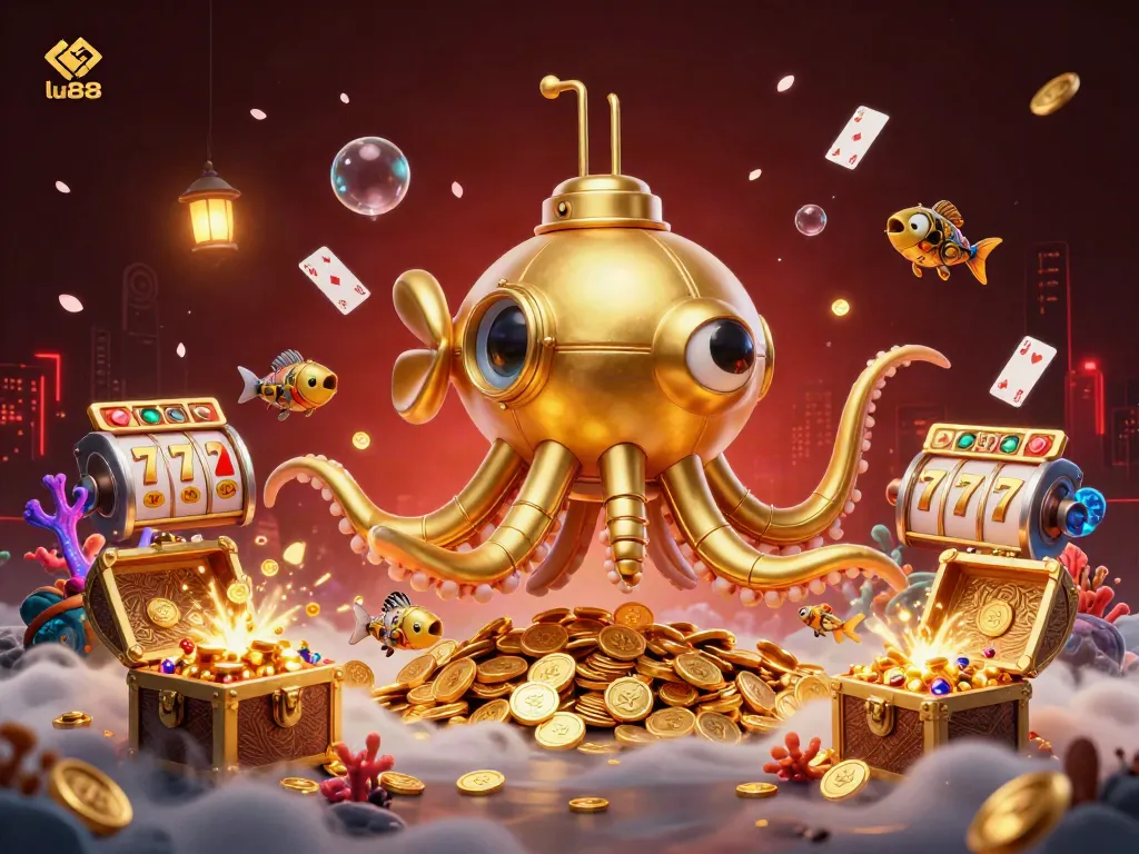 Experience excitement at lu88 with a golden kraken submarine amid slot reels and treasures.