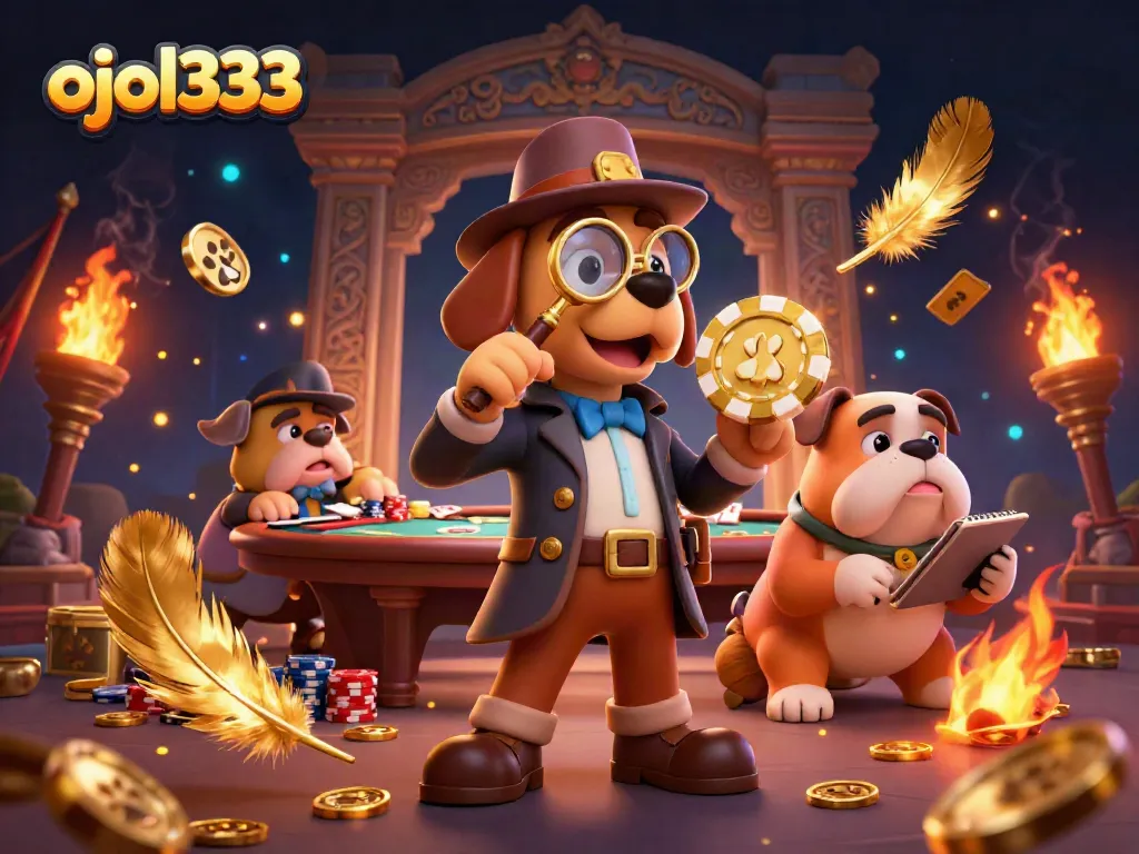 ojol333 showcases a poker scene with cartoon characters exploring golden poker clues and treasure.