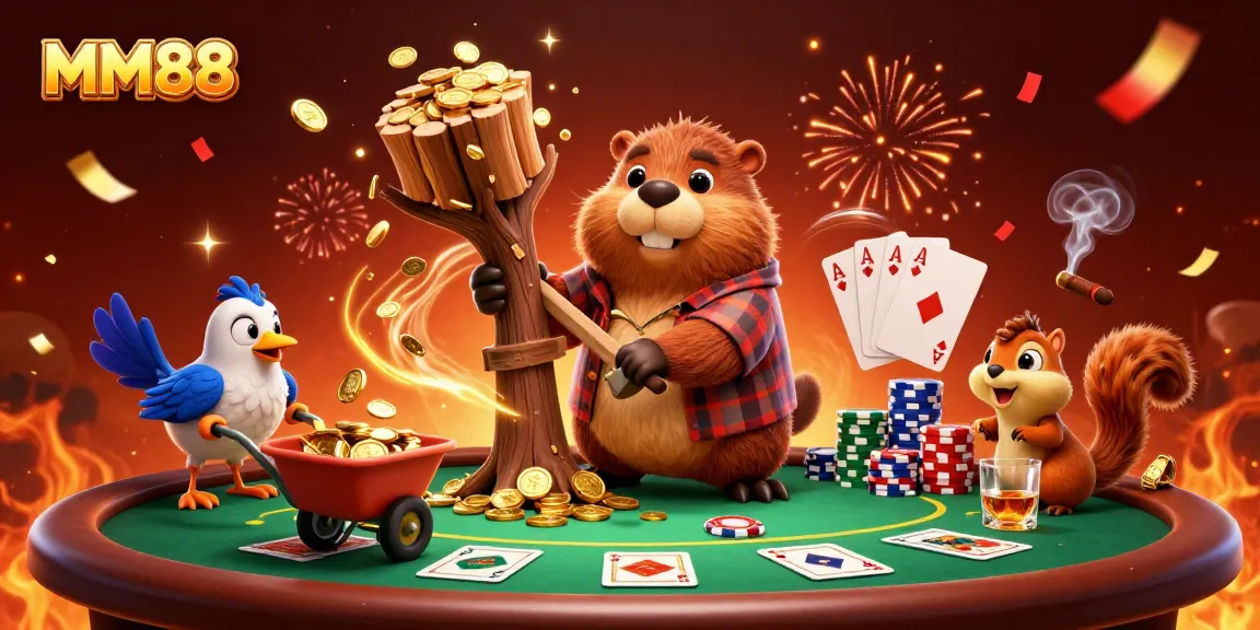 Engage in MM88's vibrant gaming world with festive characters celebrating wins among dynamic casino elements.