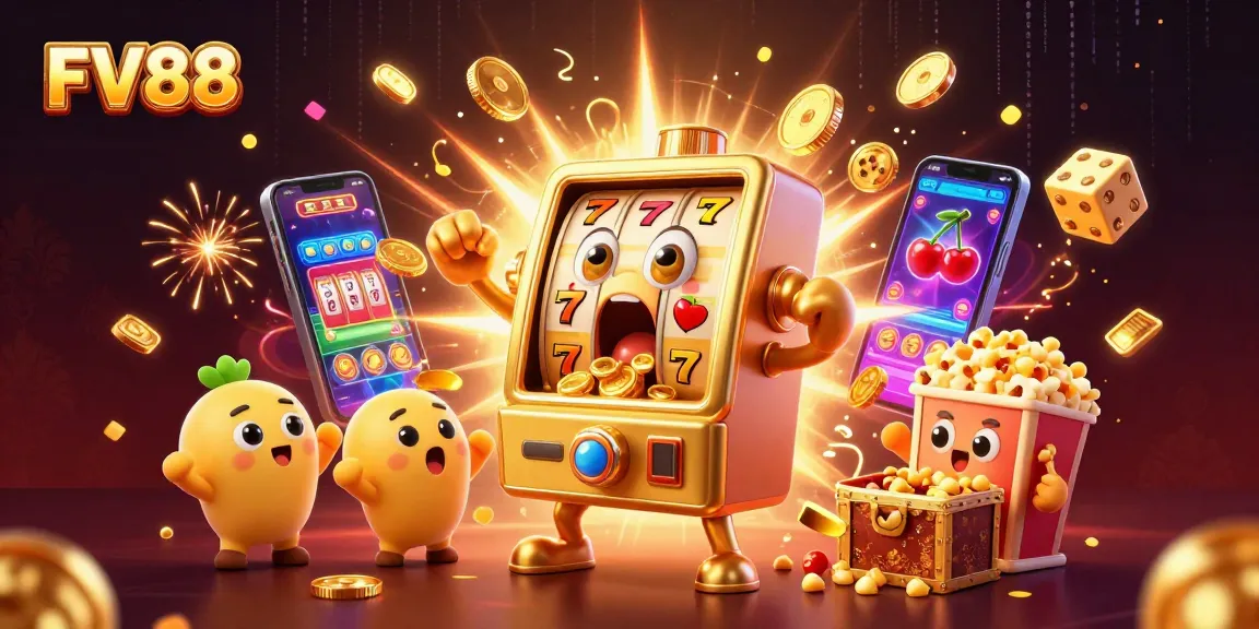 FV88 slot machine hits jackpot as coins pour out in a lively casino scene.