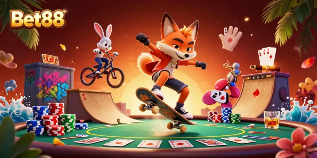 Experience thrilling moments at Bet88 with vibrant cartoon fox and rabbit showcasing casino joy.