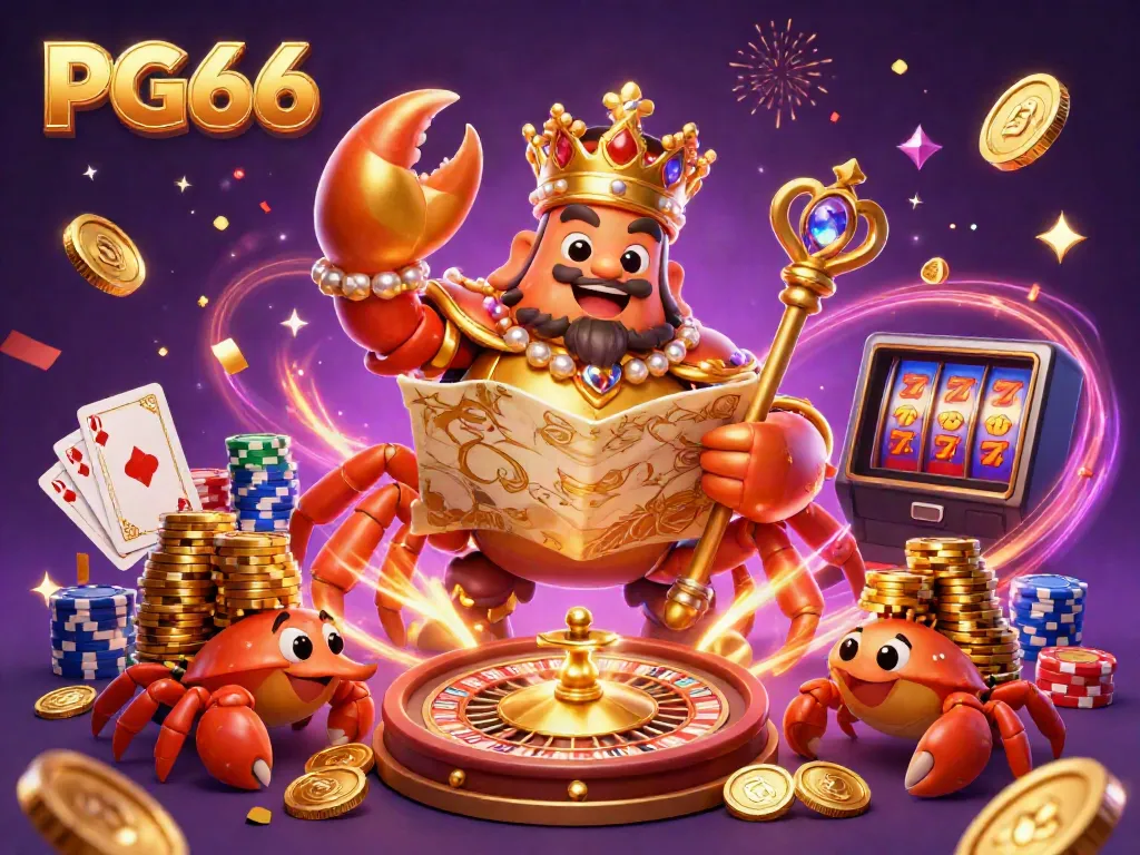 Experience the excitement at PG66 with a golden crab emperor, treasure map, and vibrant casino atmosphere.