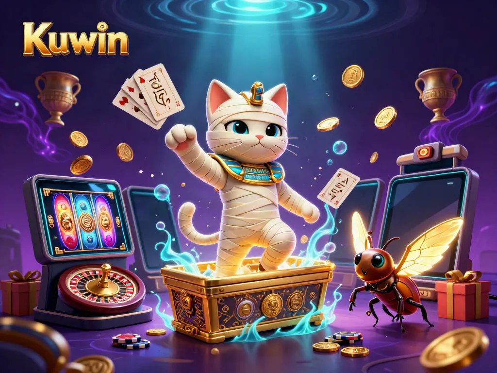 Kuwin casino animation showing an Egyptian mummy cat and scarab beetle with slot games and leaves.
