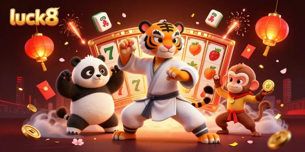 Engage in thrilling luck8 slots gameplay filled with vibrant 3D characters and festive elements.
