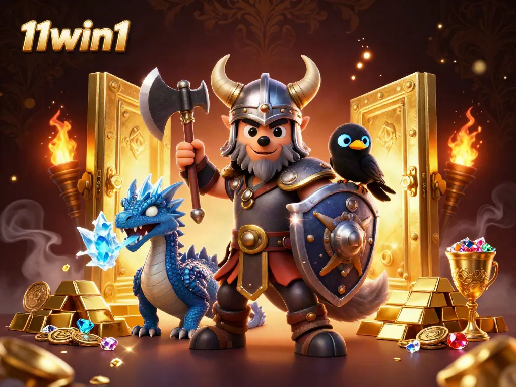 Engage with thrilling wins at 11win1, featuring a Viking warrior and mystical dragon in a gold-enriched fantasy setting.