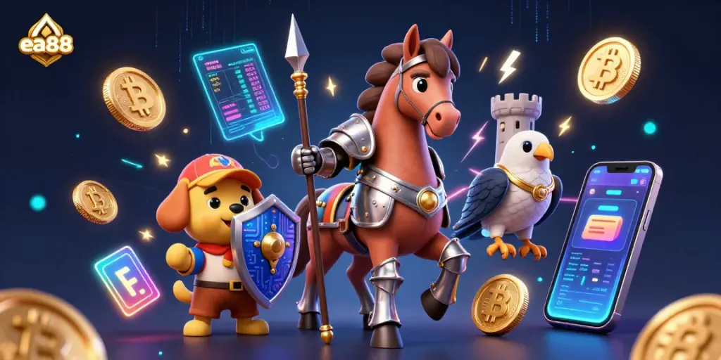 ea88 knight-themed casino scene with gold crypto coins, showcasing exciting gameplay elements