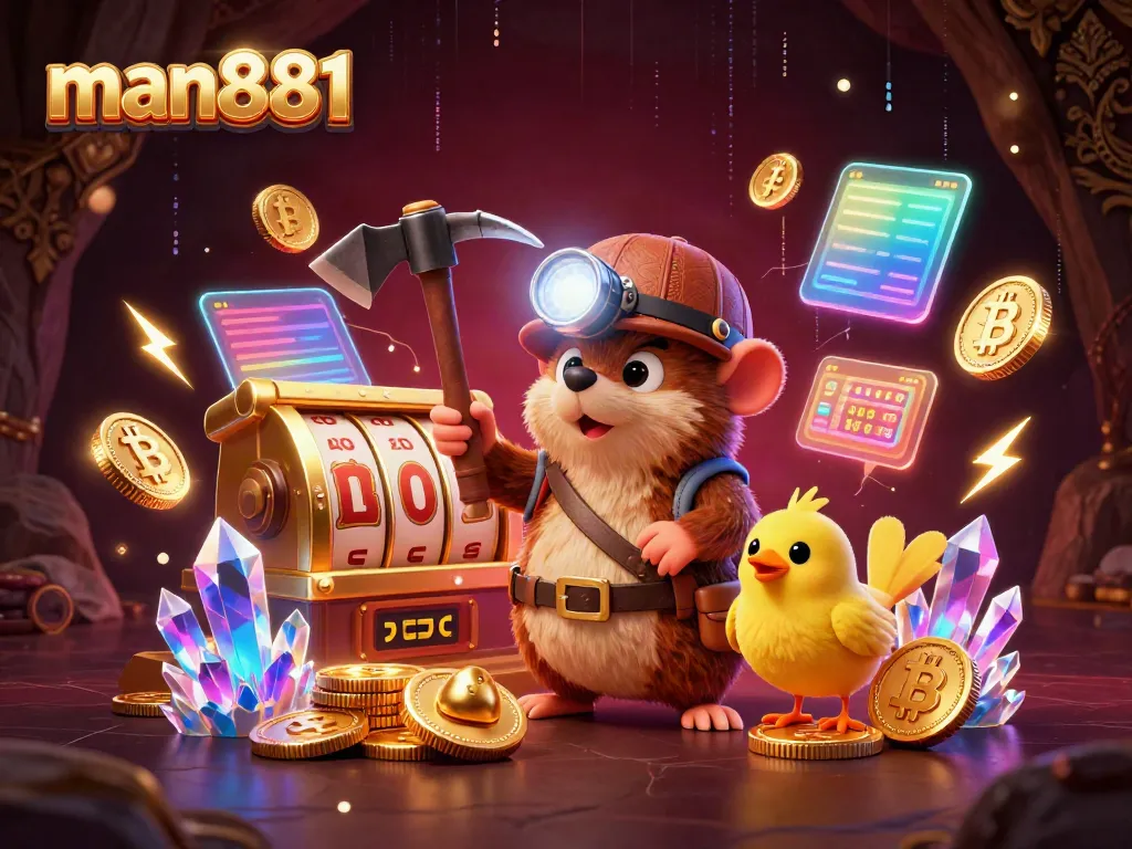 Join the excitement at man881 with vibrant casino-themed treasure hunting under glowing crystals.