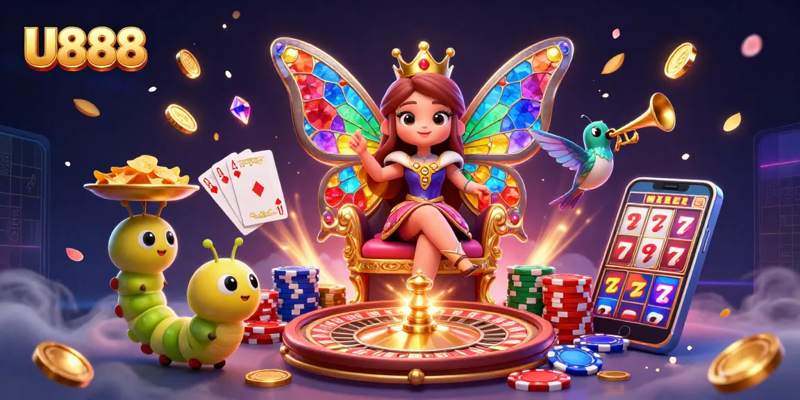 Engage with U888's vibrant casino experience featuring a butterfly queen and dynamic gaming elements.