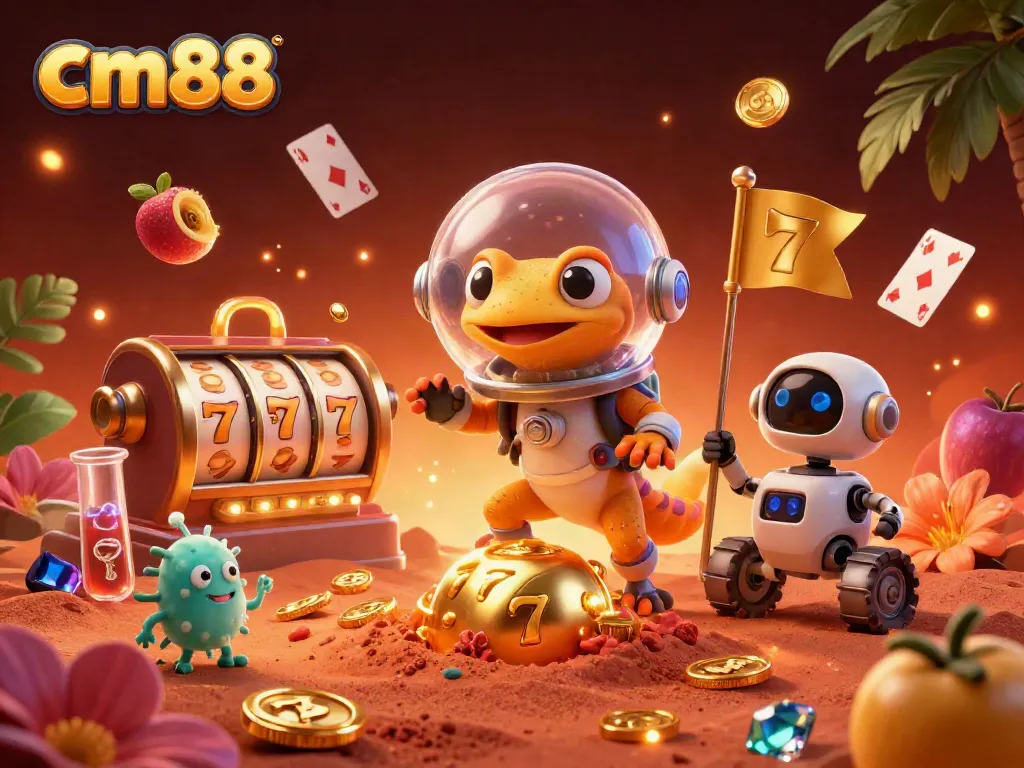 Experience the excitement of cm88 casino with a Martian gecko discovering treasures in a vibrant 3D illustration.