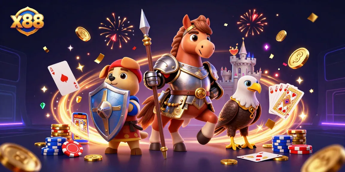 Engage with x88's vibrant casino action featuring cascading coins and card games in a festive atmosphere.