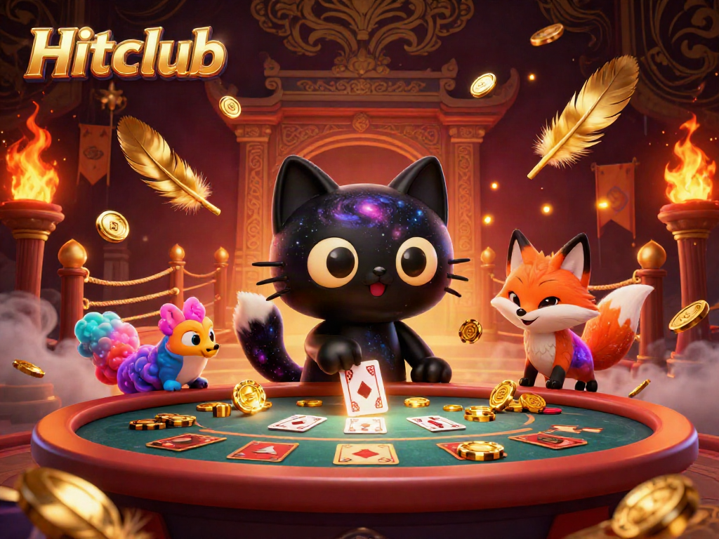 Engage with Hitclub's stellar cosmic casino scene featuring a black hole cat and vibrant nebula fox!