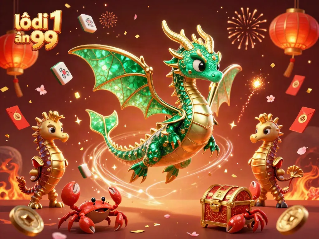 Experience the thrill of lô đề 1 ăn 99 with an enchanting 3D dragon and treasure chest in a vibrant casino setting.
