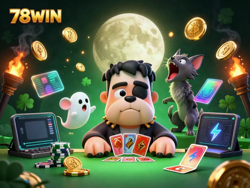 Engage in thrilling games at 78WIN with vibrant 3D illustration, showcasing a bulldog dealer and ghostly accomplices.
