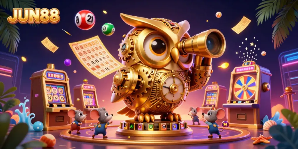 Experience the thrill of JUN88 with a vibrant 3D casino scene showcasing lively characters and gaming elements.