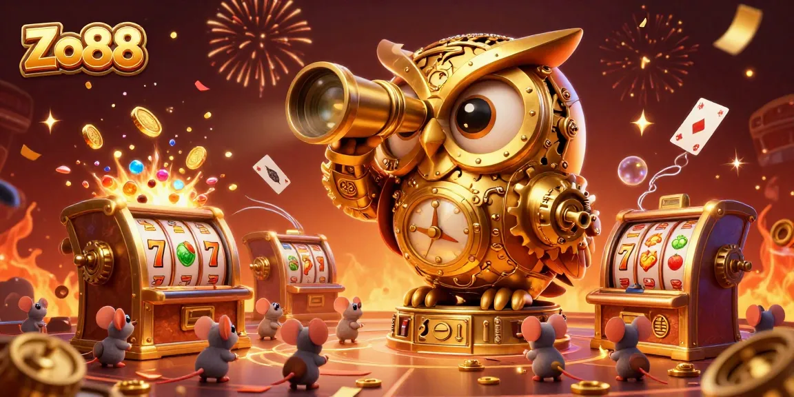 Experience Zo88's thrilling casino adventure with a golden owl surrounded by festive gaming elements.