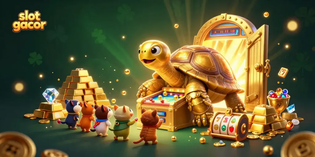 Excited players engage with slot gacor games illuminated by golden treasures.